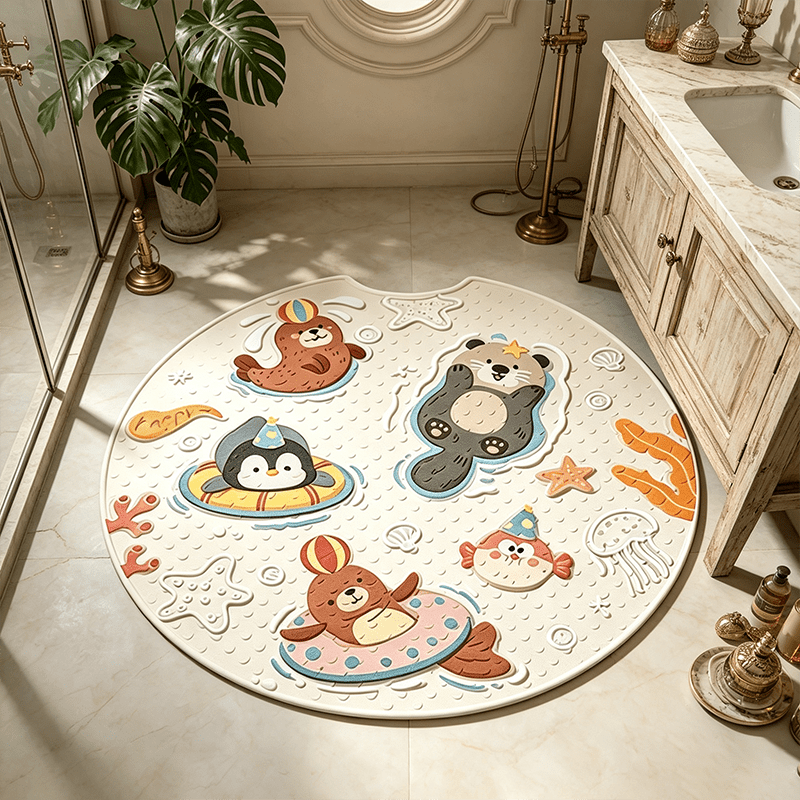 Tapis rond de douche à ventouses, phoques et pingouin bleu