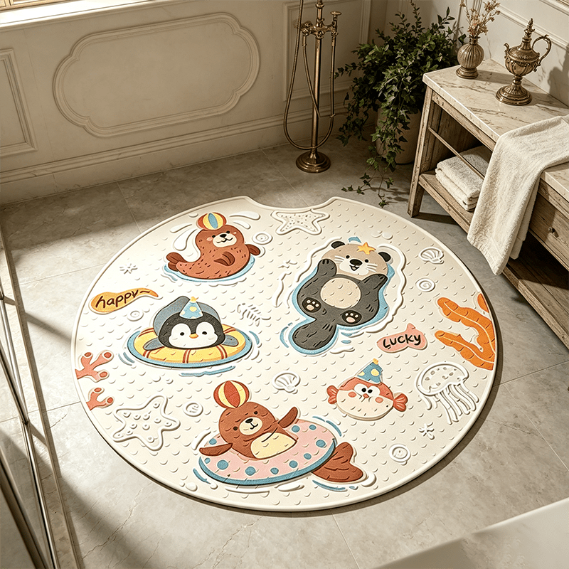 Tapis rond de douche à ventouses, phoques et pingouin bleu