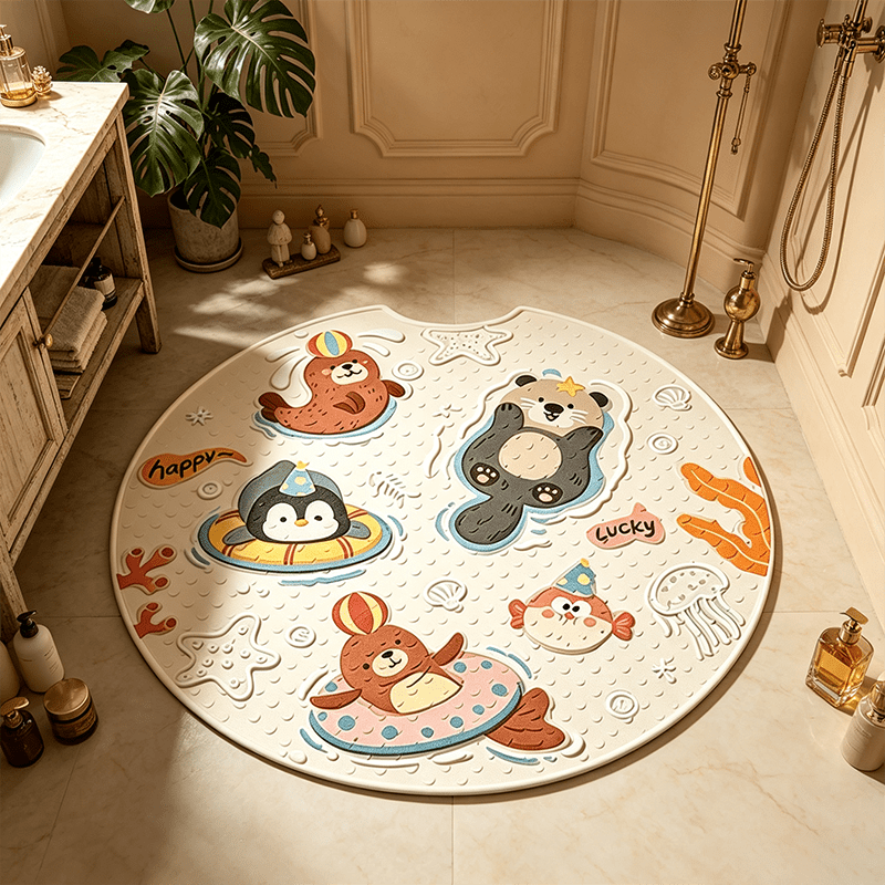 Tapis rond de douche à ventouses, phoques et pingouin bleu