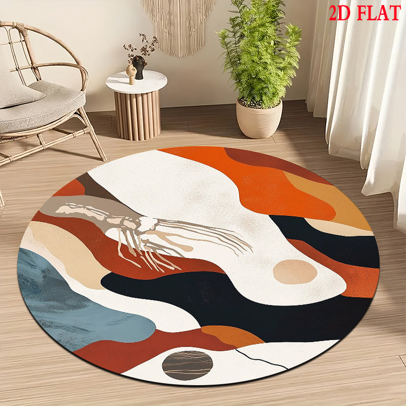 Tapis rond motif dunes, crème, orange brûlé et noir à plat