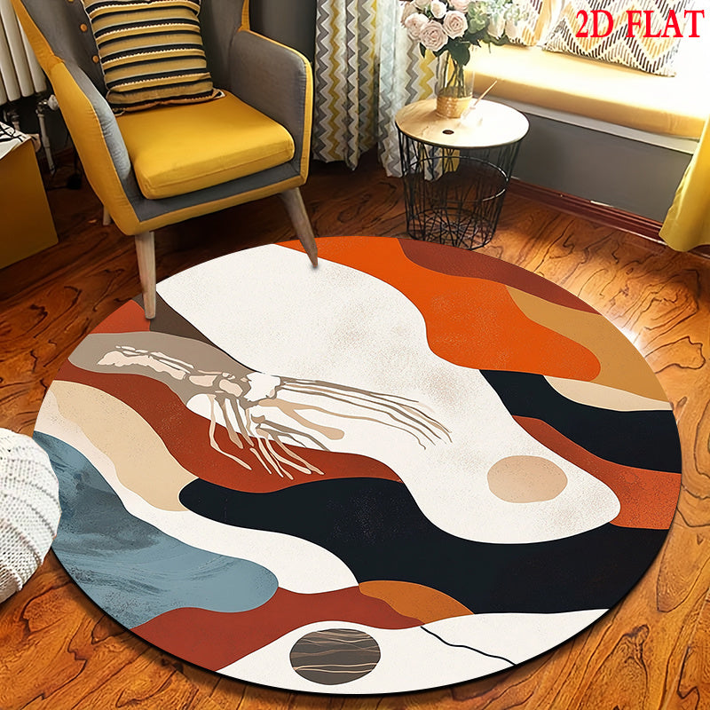 Tapis rond motif dunes, crème, orange brûlé et noir à plat
