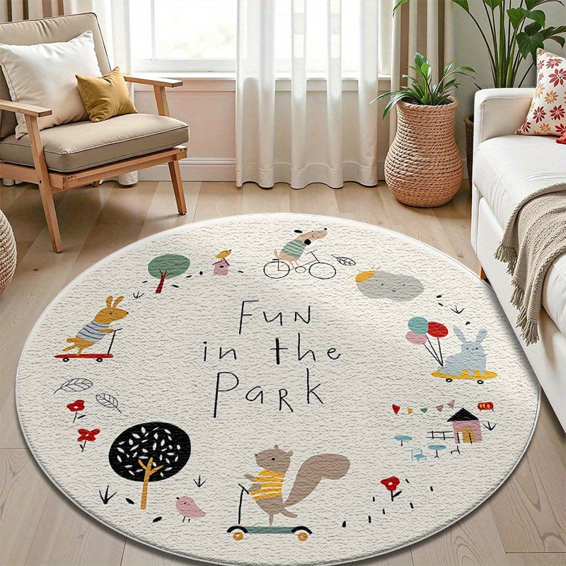 Tapis rond écru à ronde d'animaux, quatre diamètres au choix