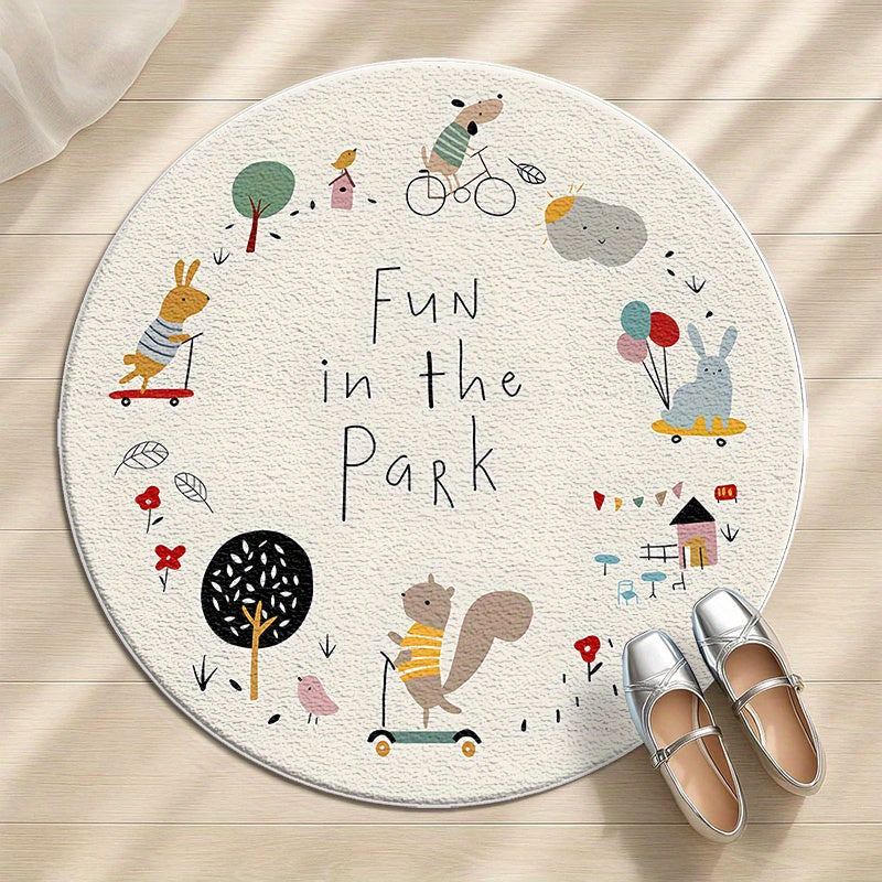 Tapis rond écru à ronde d'animaux, quatre diamètres au choix