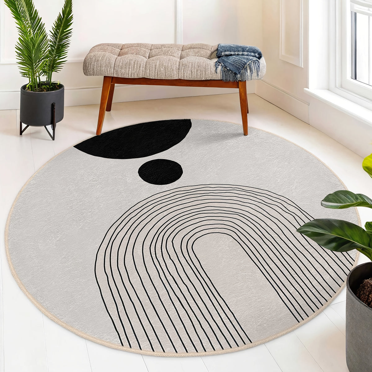 Tapis rond écru à arches noires, tissé à plat et lavable