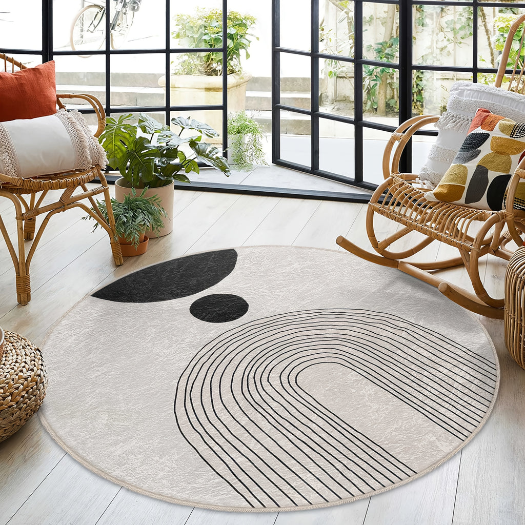 Tapis rond écru à arches noires, tissé à plat et lavable
