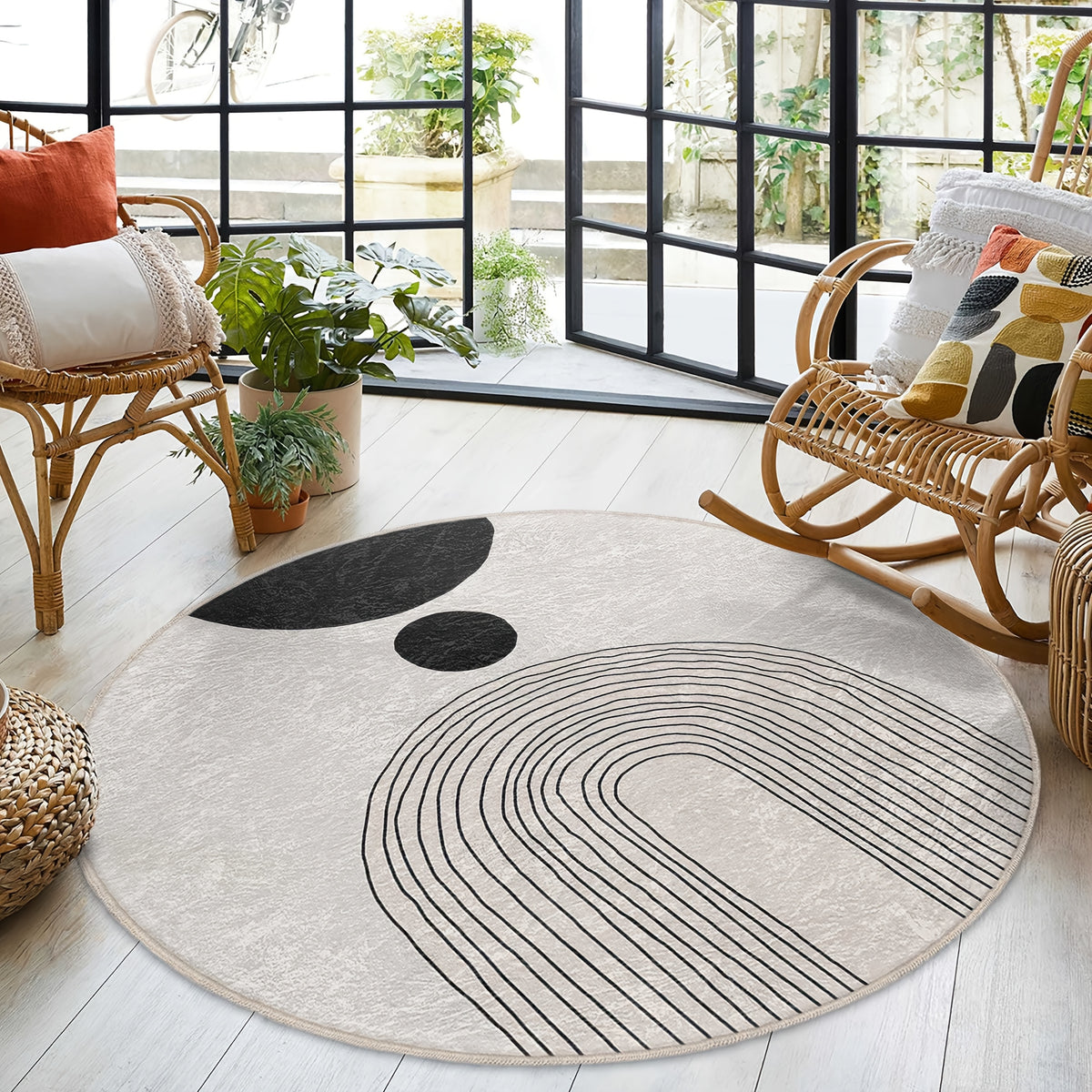 Tapis rond écru à arches noires, tissé à plat et lavable