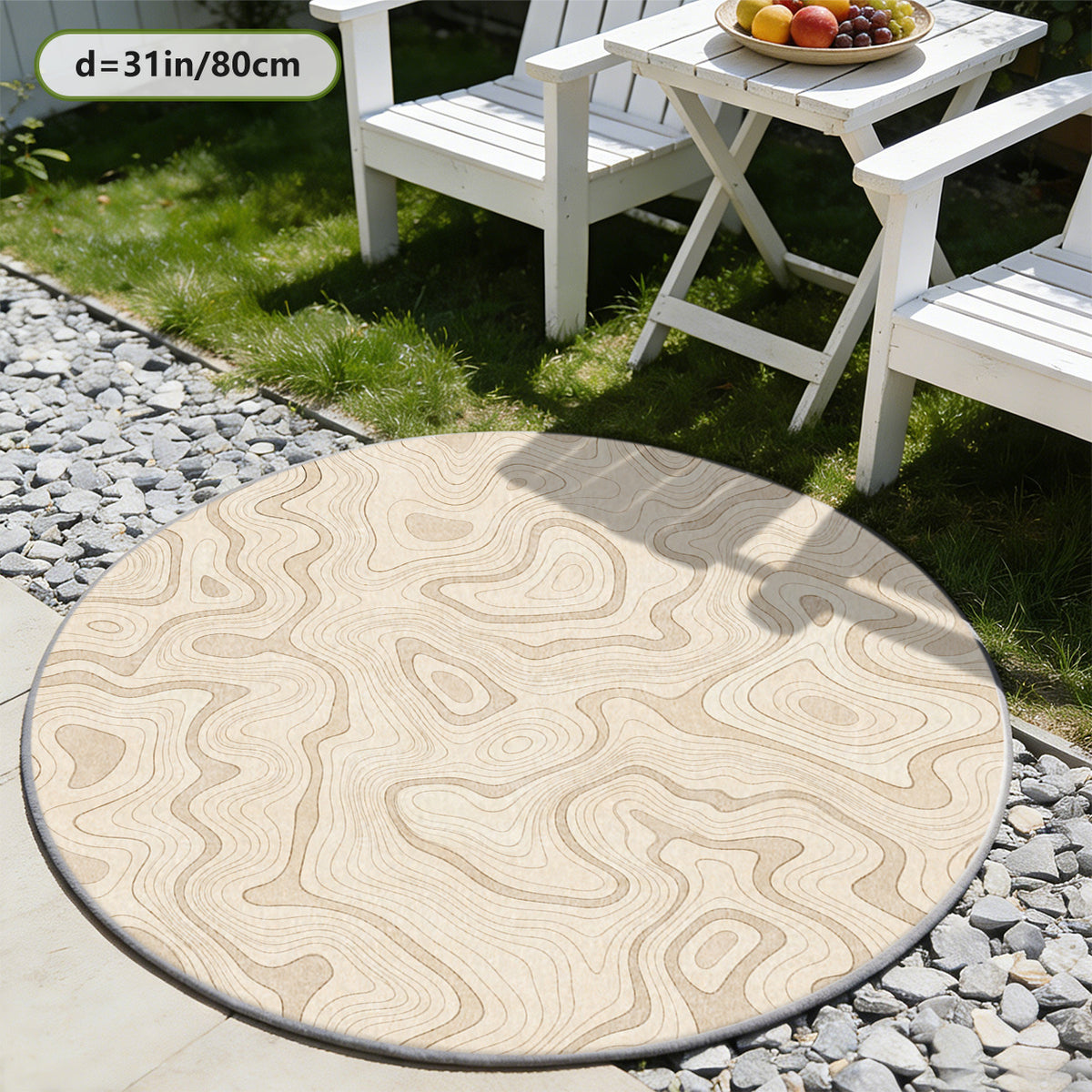 Tapis rond écru à courbes de niveau ton sur ton discrètes