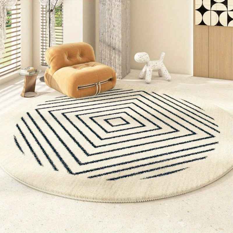 Tapis rond écru à chevrons ou à losanges noirs, 7 tailles