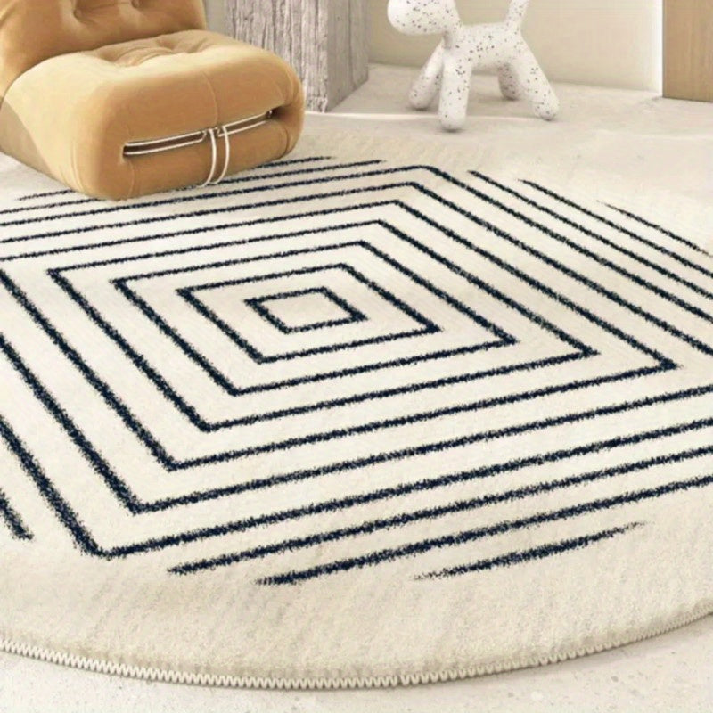 Tapis rond écru à chevrons ou à losanges noirs, 7 tailles