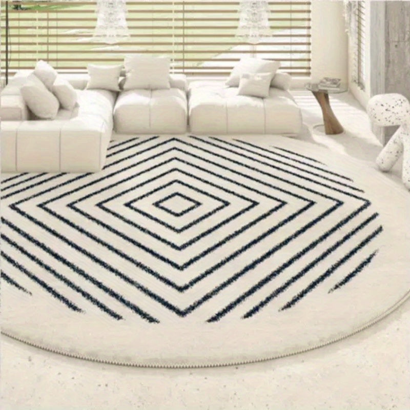 Tapis rond écru à chevrons ou à losanges noirs, 7 tailles