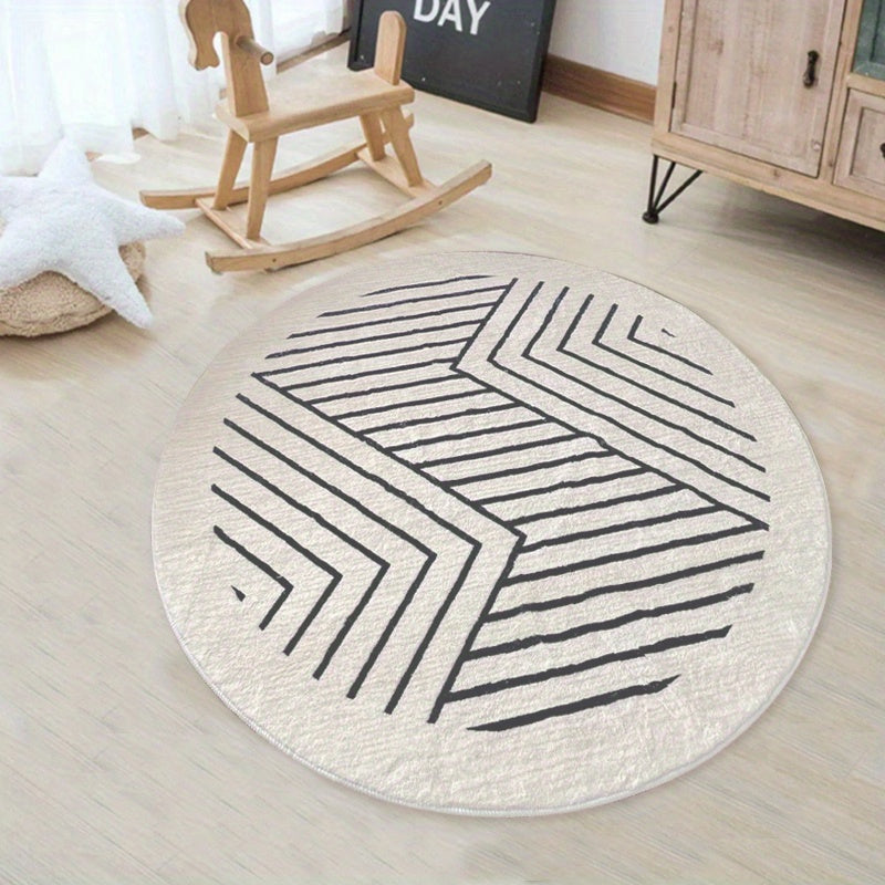 Tapis rond écru à chevrons ou à losanges noirs, 7 tailles