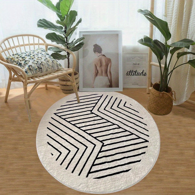 Tapis rond écru à chevrons ou à losanges noirs, 7 tailles