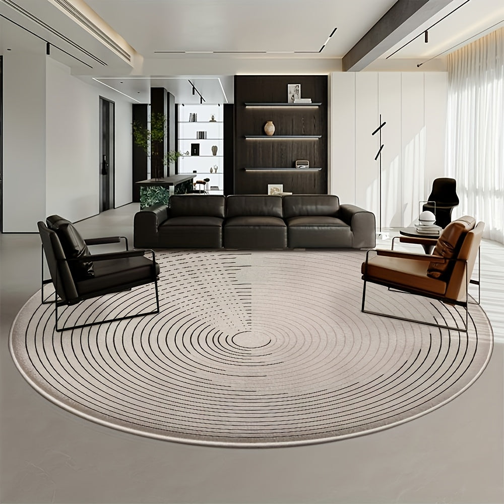 Tapis rond écru à fines lignes en tourbillon, tissé à plat