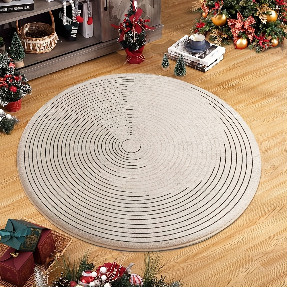 Tapis rond écru à fines lignes en tourbillon, tissé à plat