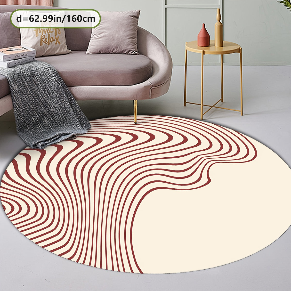 Tapis rond écru à ondes bordeaux, poils courts, 4 diamètres