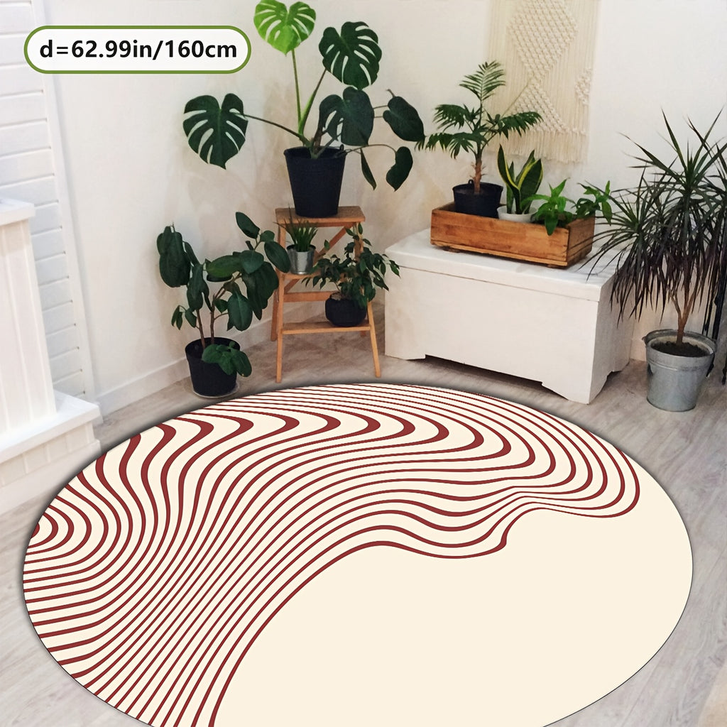 Tapis rond écru à ondes bordeaux, poils courts, 4 diamètres