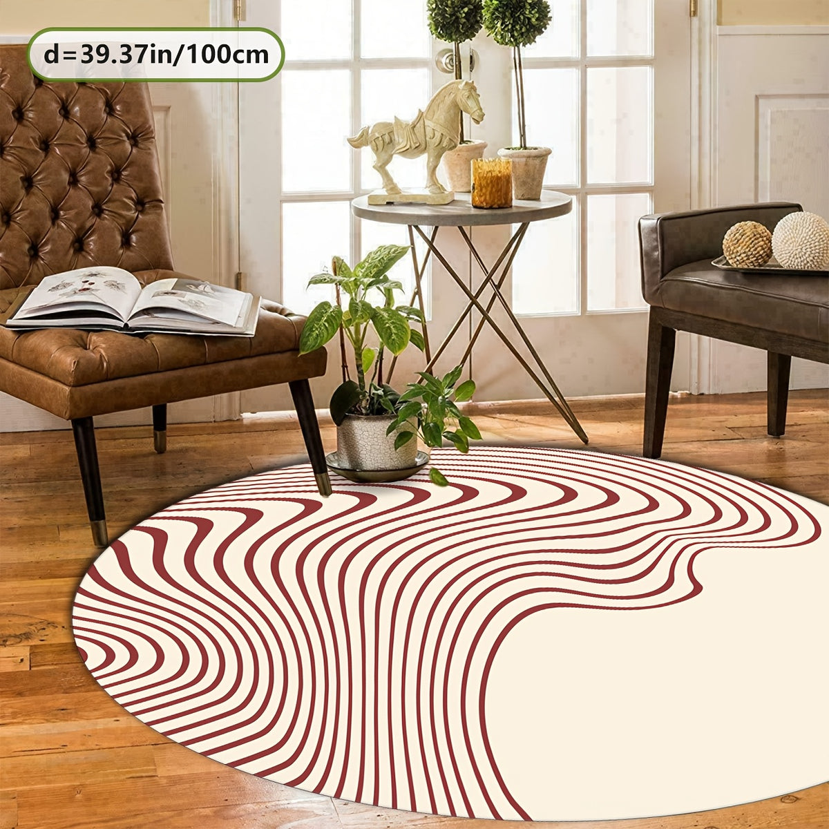 Tapis rond écru à ondes bordeaux, poils courts, 4 diamètres