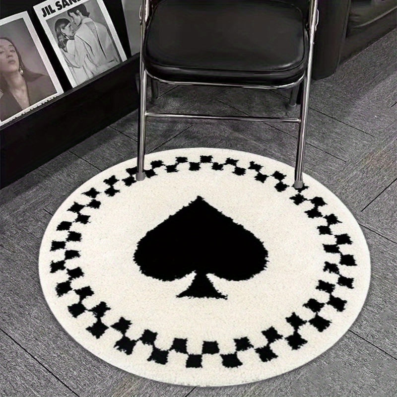 Tapis rond écru à pique ou tulipes noires, dos en vinyle