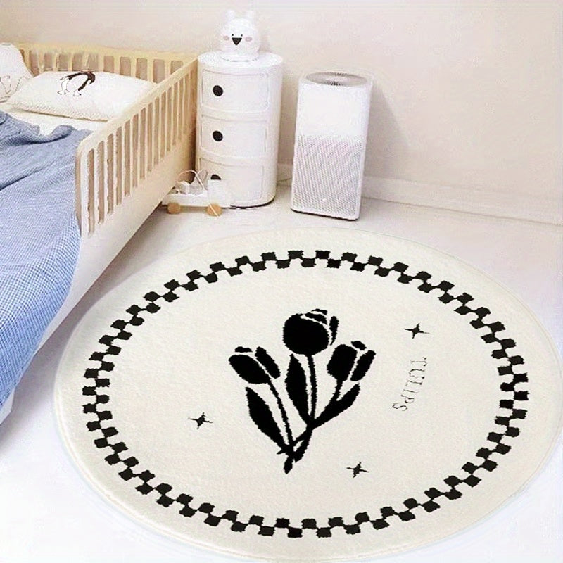 Tapis rond écru à pique ou tulipes noires, dos en vinyle
