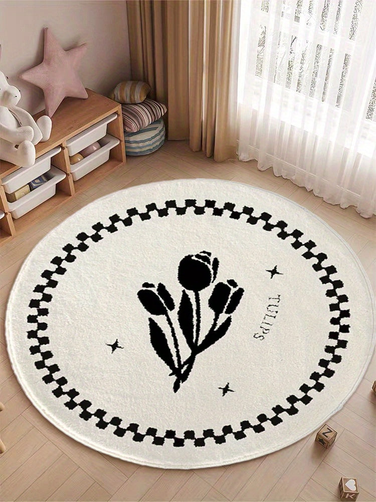 Tapis rond écru à pique ou tulipes noires, dos en vinyle
