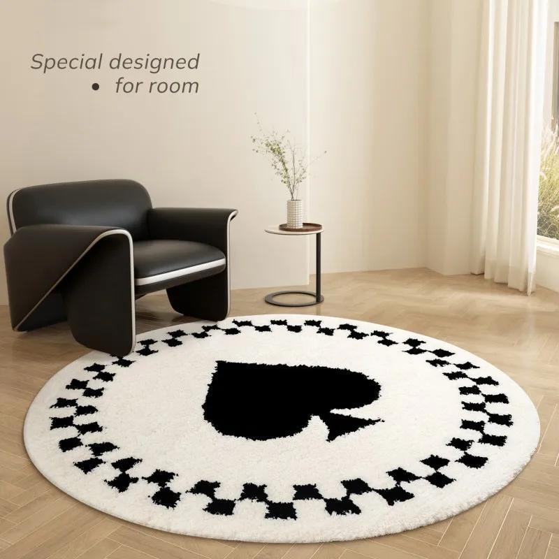 Tapis rond écru à pique ou tulipes noires, dos en vinyle