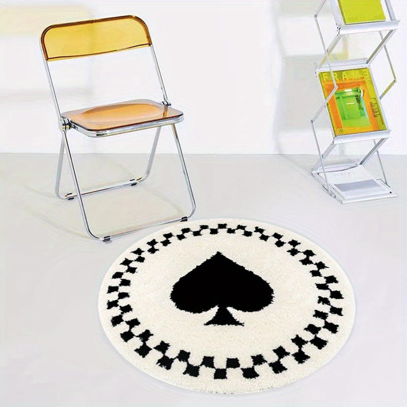 Tapis rond écru à pique ou tulipes noires, dos en vinyle