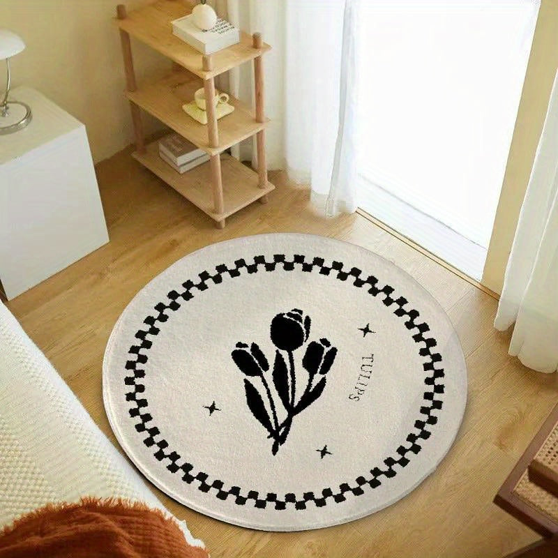 Tapis rond écru à pique ou tulipes noires, dos en vinyle