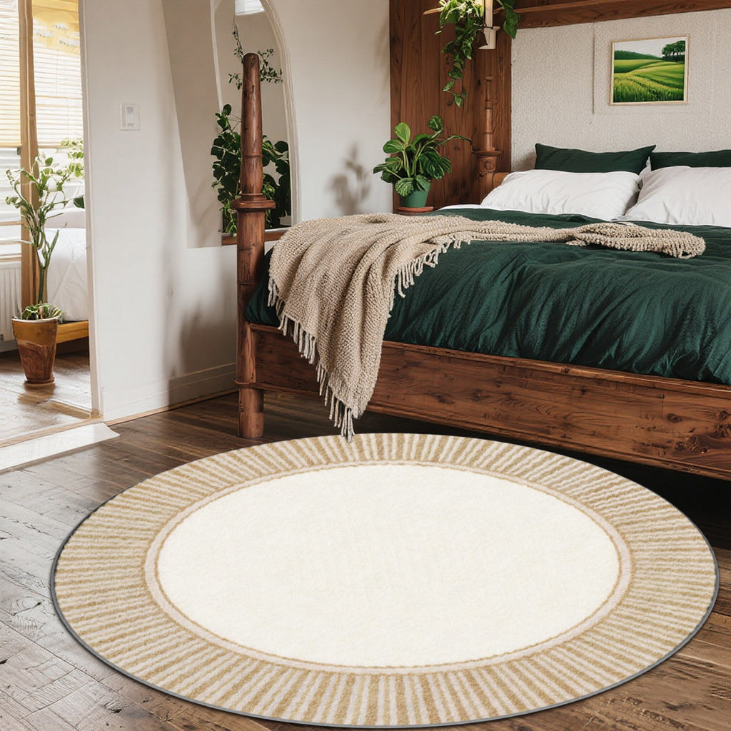 Petit tapis rond écru à rayures blé, Ø 80 cm exactement