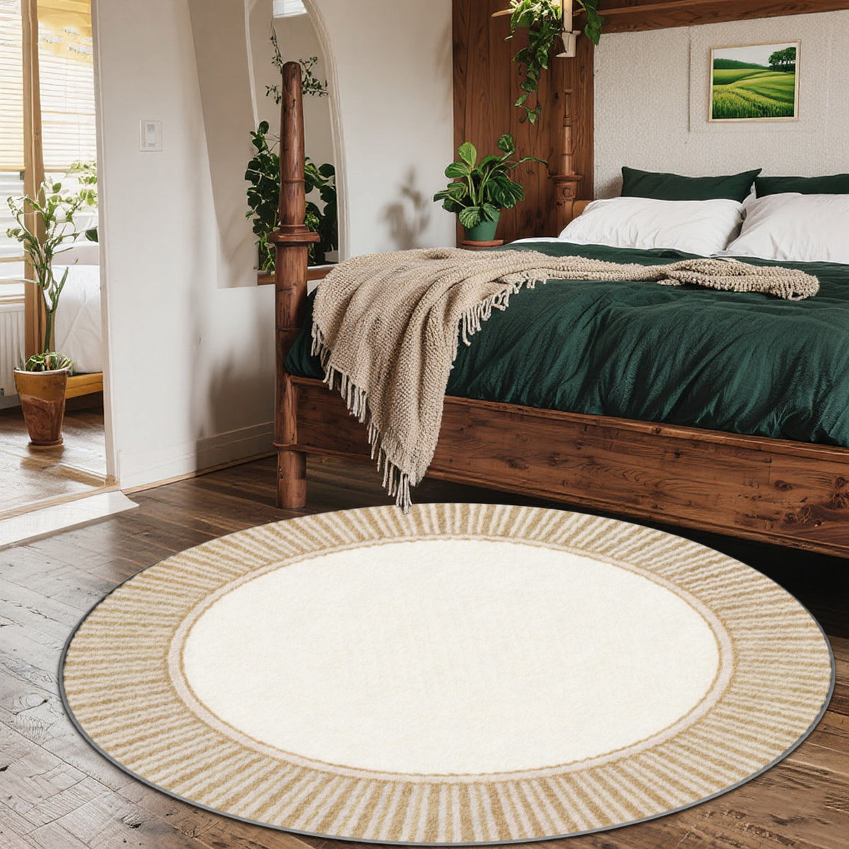Petit tapis rond écru à rayures blé, Ø 80 cm exactement