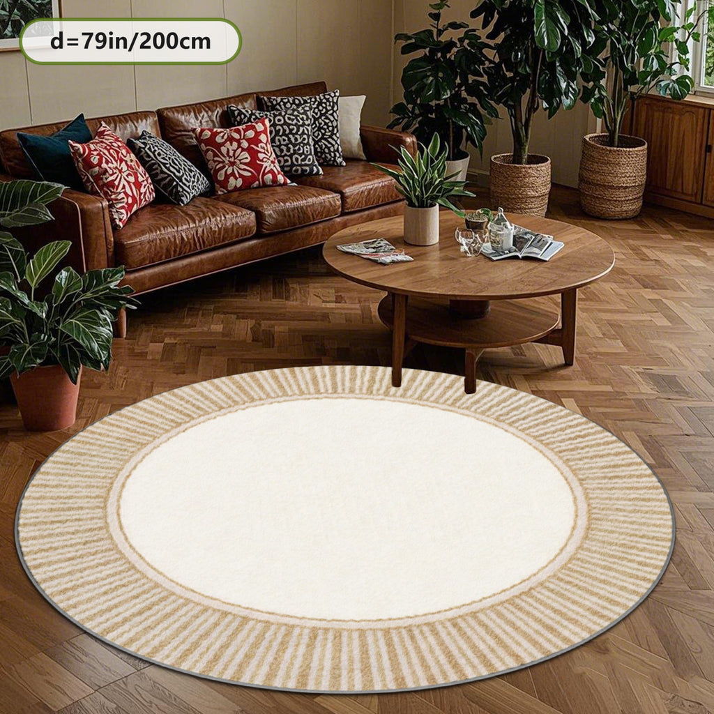 Petit tapis rond écru à rayures blé, Ø 80 cm exactement