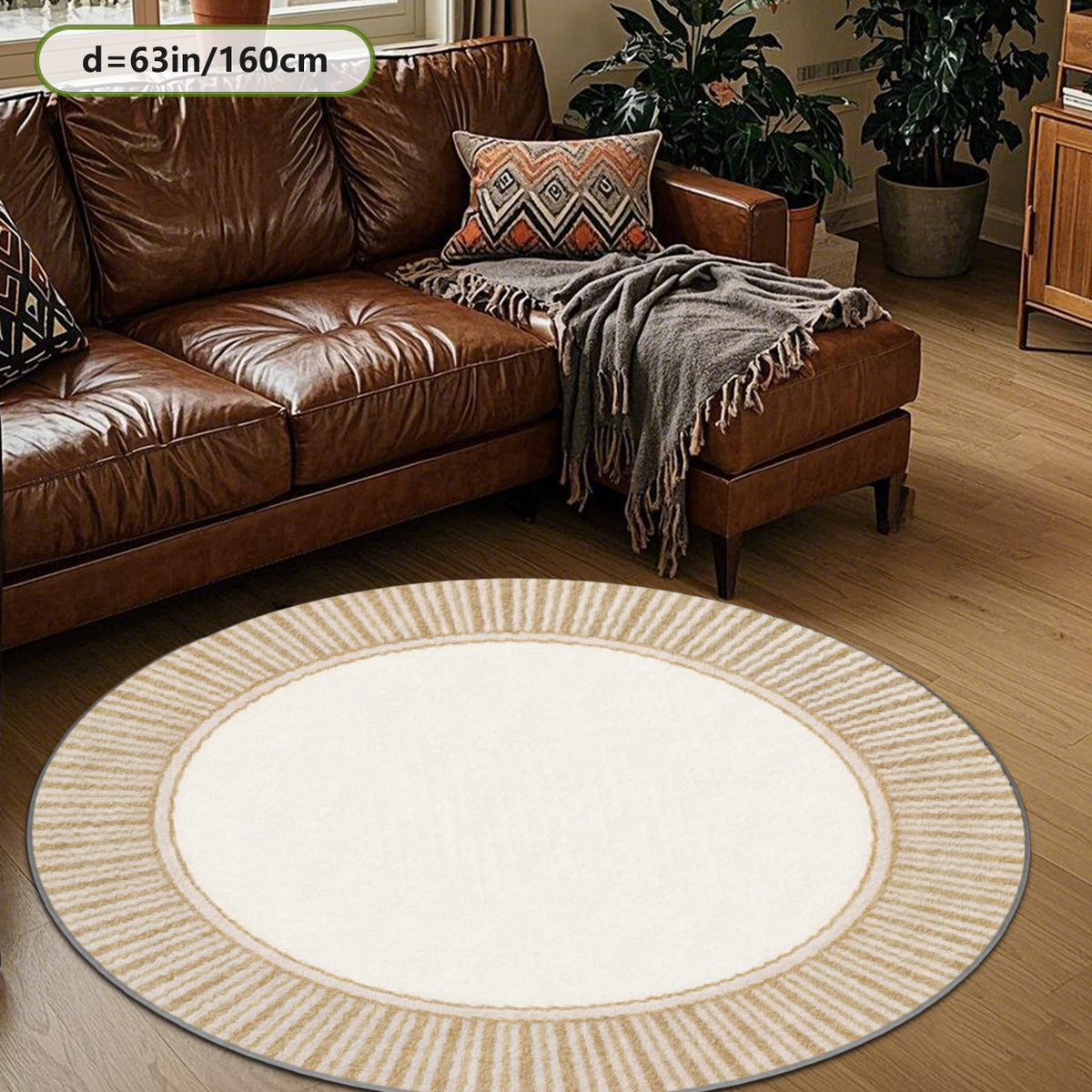 Petit tapis rond écru à rayures blé, Ø 80 cm exactement
