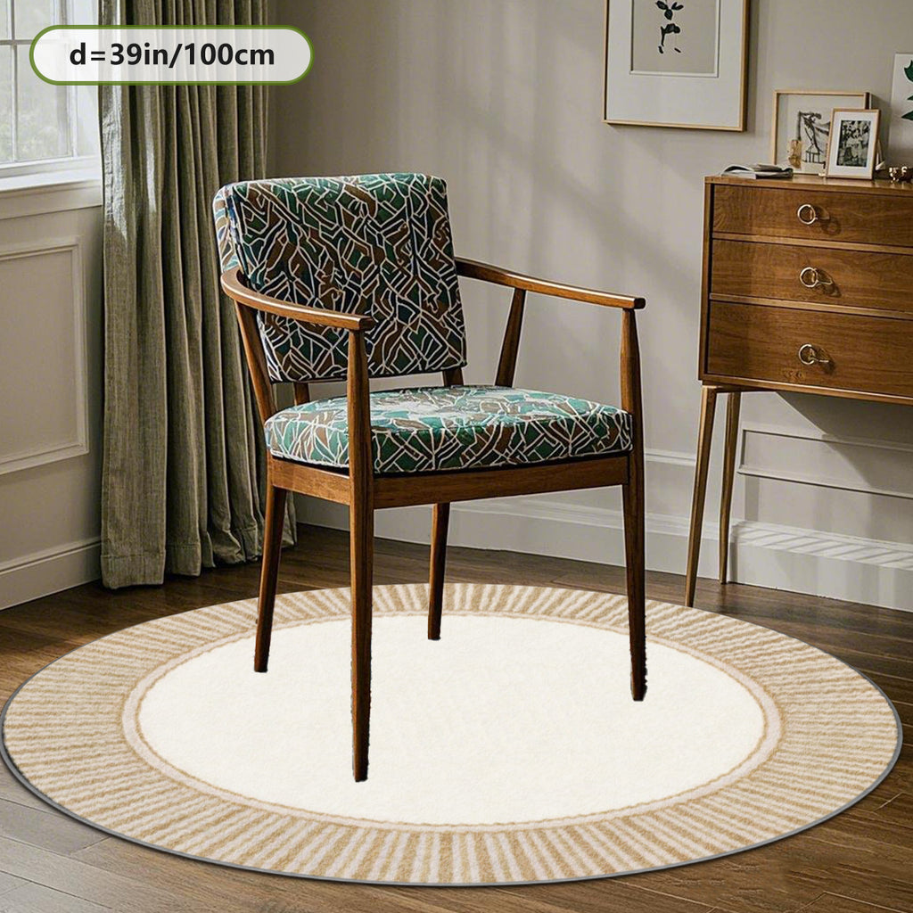 Petit tapis rond écru à rayures blé, Ø 80 cm exactement