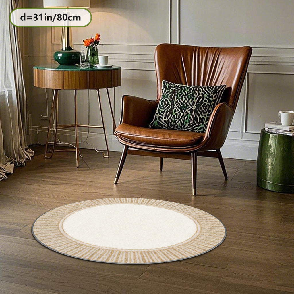 Petit tapis rond écru à rayures blé, Ø 80 cm exactement