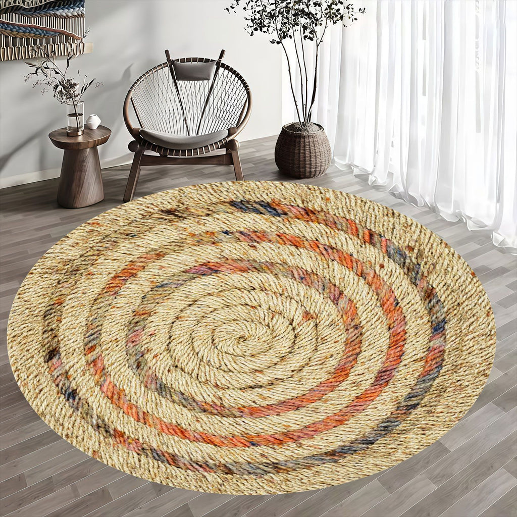 Tapis rond effet corde tressée, spirale beige et orange rouille