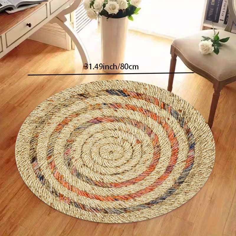 Tapis rond effet corde tressée, spirale beige et orange rouille