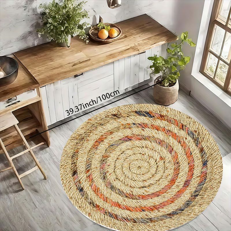 Tapis rond effet corde tressée, spirale beige et orange rouille