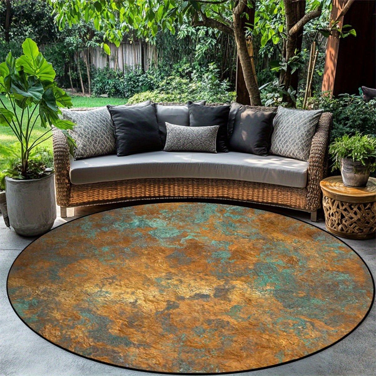 Tapis rond effet cuivre oxydé, patine rouille et vert-de-gris