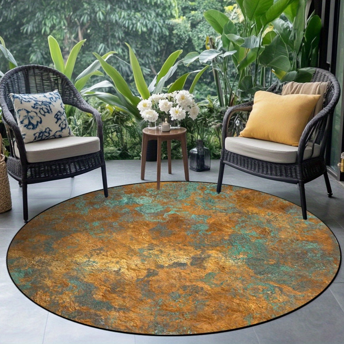 Tapis rond effet cuivre oxydé, patine rouille et vert-de-gris