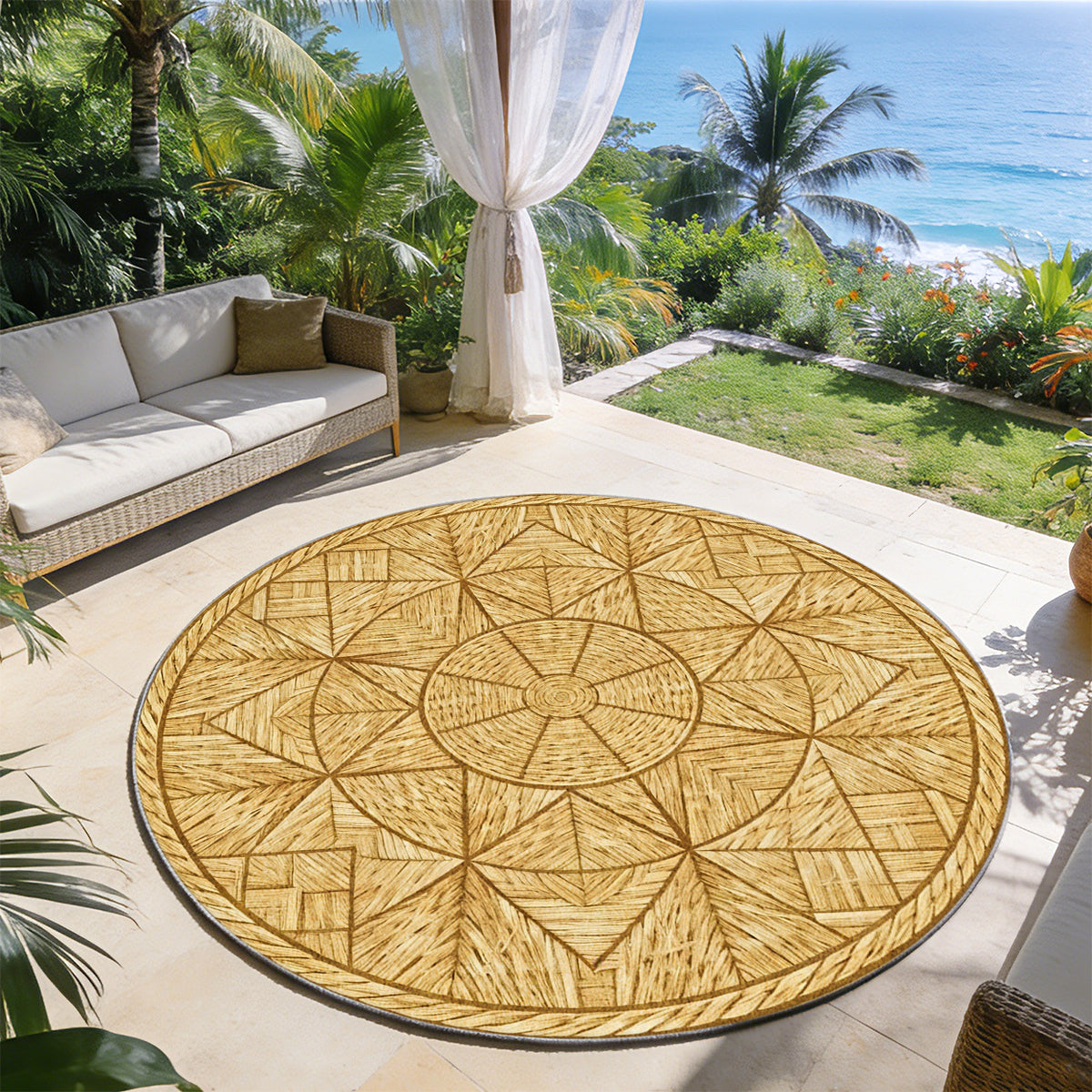 Tapis rond effet rotin tressé imprimé, Ø 200 cm en molleton