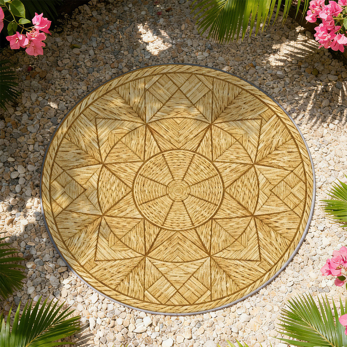 Tapis rond effet rotin tressé imprimé, Ø 200 cm en molleton