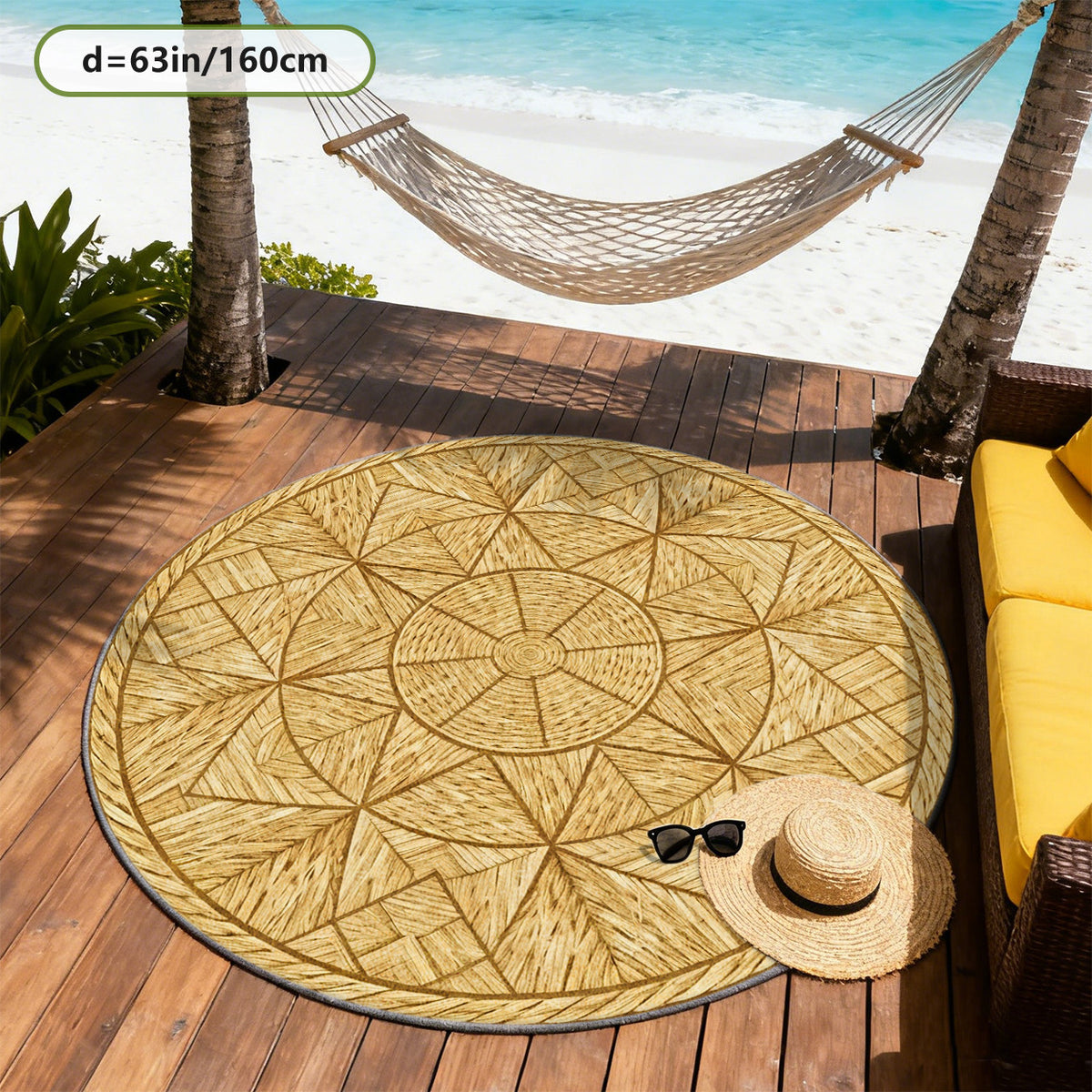 Tapis rond effet rotin tressé imprimé, Ø 200 cm en molleton