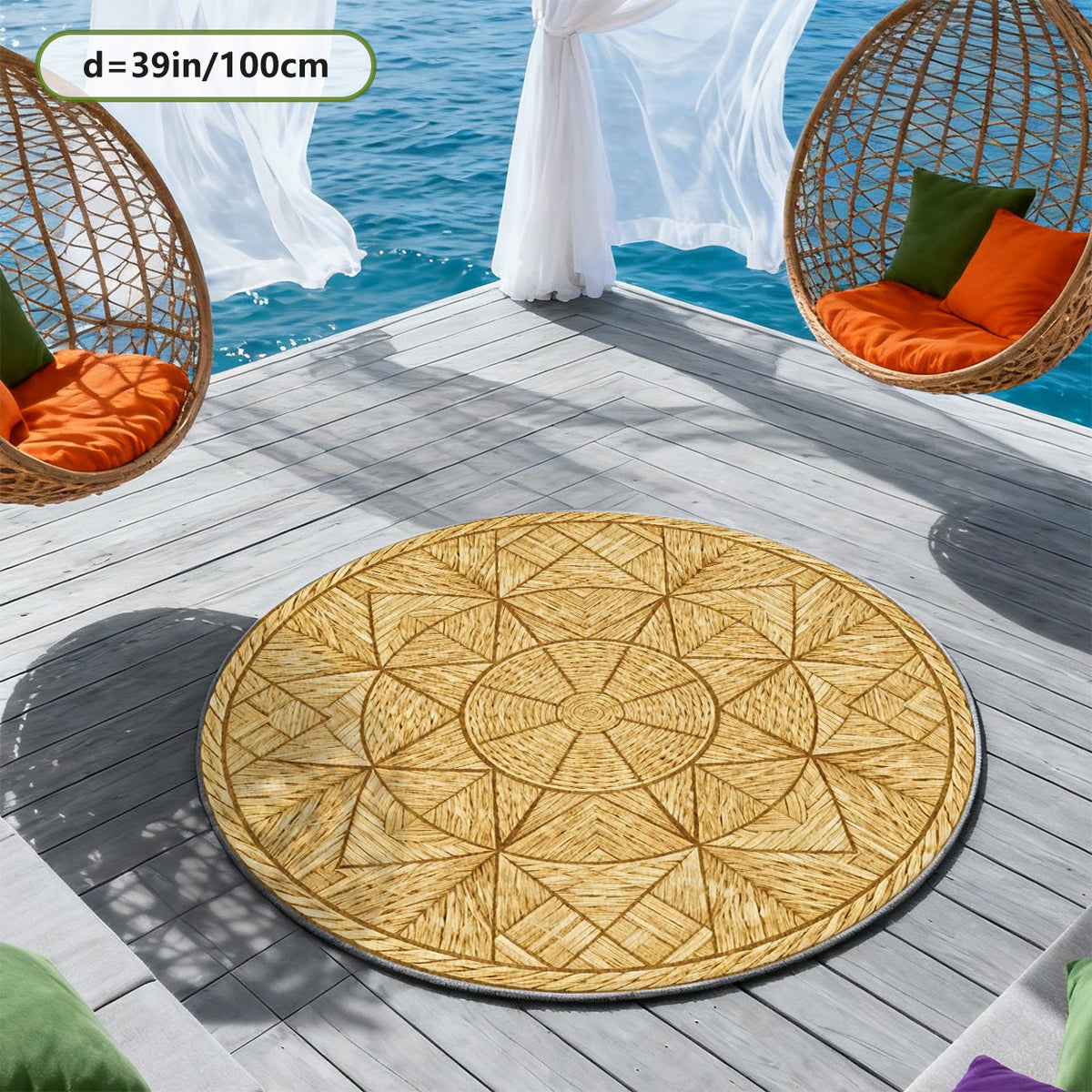 Tapis rond effet rotin tressé imprimé, Ø 200 cm en molleton