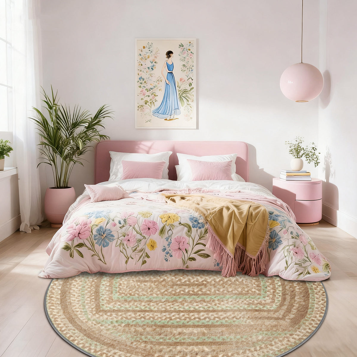 Tapis rond effet vannerie beige, imprimé sur velours doux