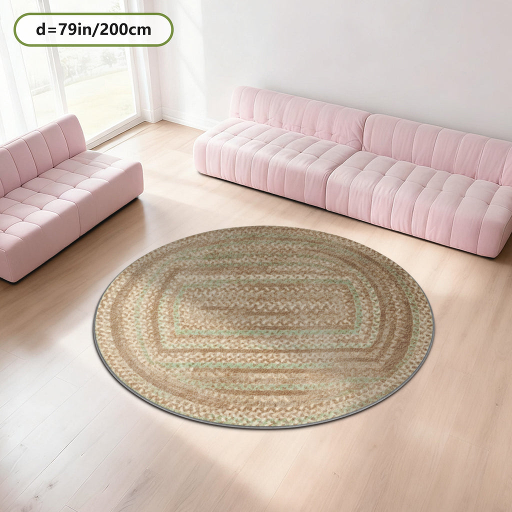Tapis rond effet vannerie beige, imprimé sur velours doux