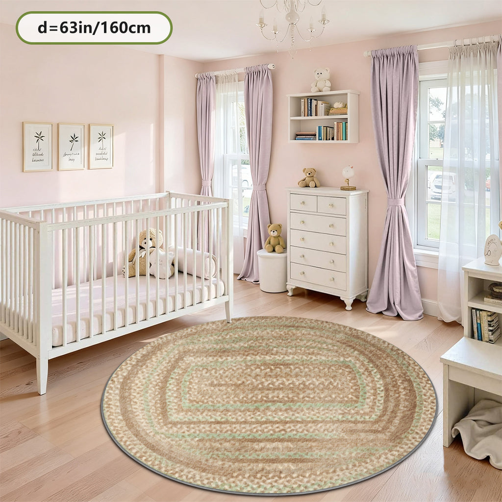 Tapis rond effet vannerie beige, imprimé sur velours doux