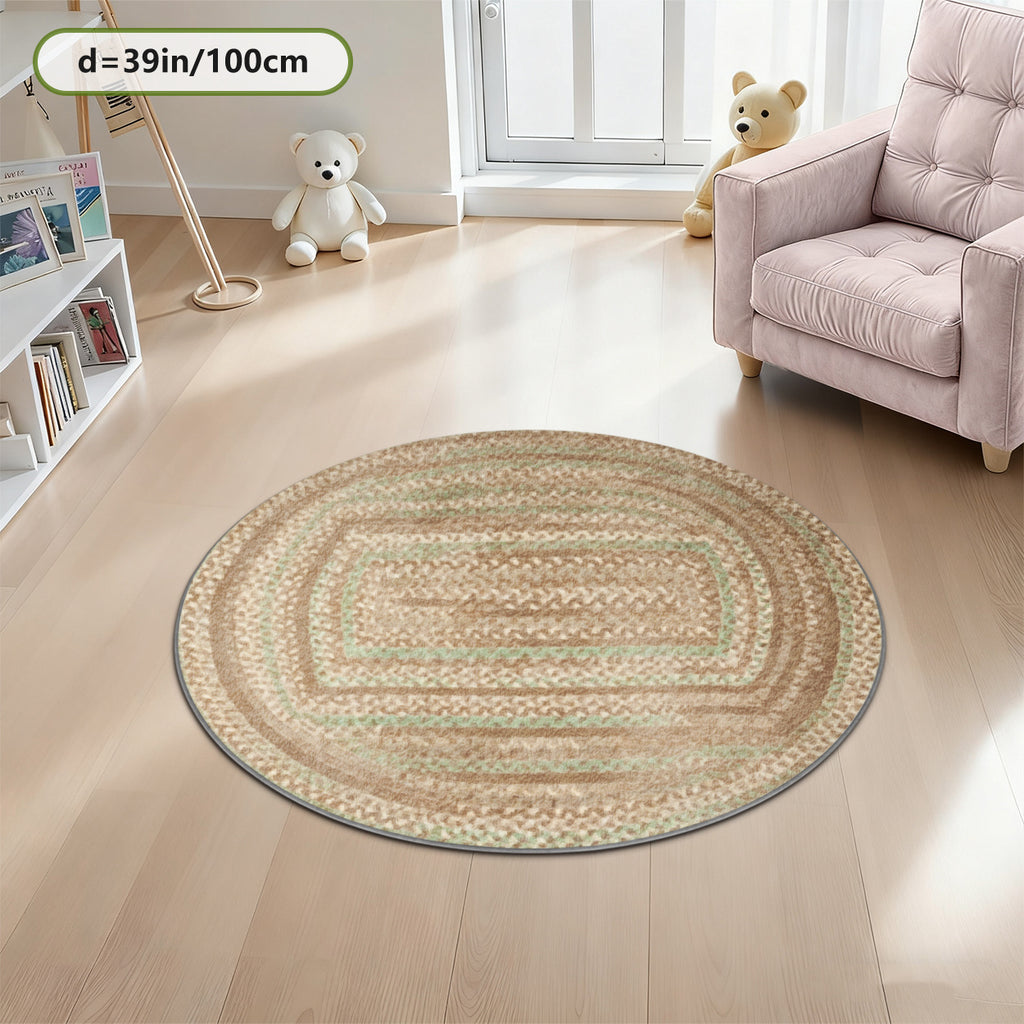 Tapis rond effet vannerie beige, imprimé sur velours doux