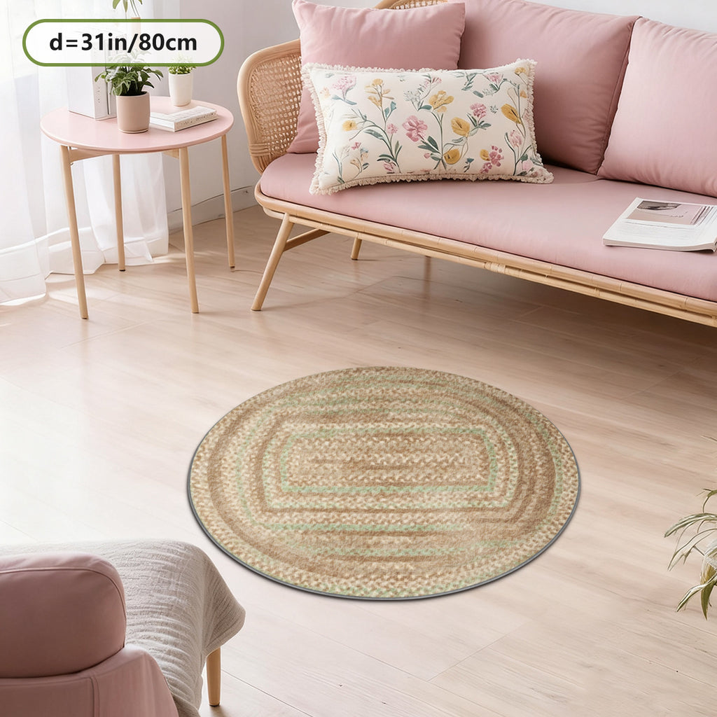 Tapis rond effet vannerie beige, imprimé sur velours doux
