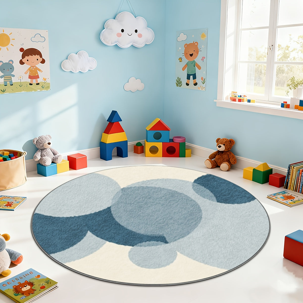 Tapis rond d'enfant à cercles bleus superposés sur crème