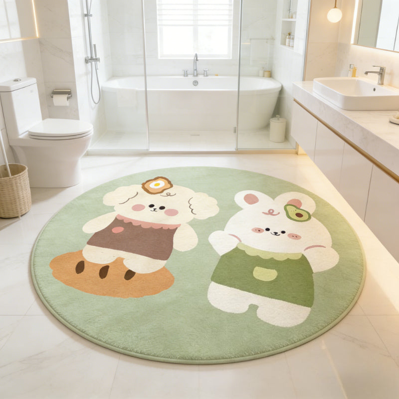 Tapis rond enfant deux lapins, rose poudré ou vert amande