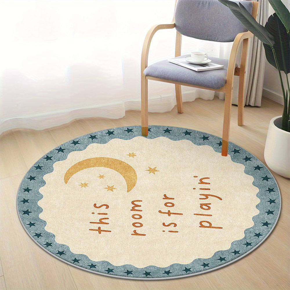 Tapis rond enfant lune et étoiles, message imprimé au centre